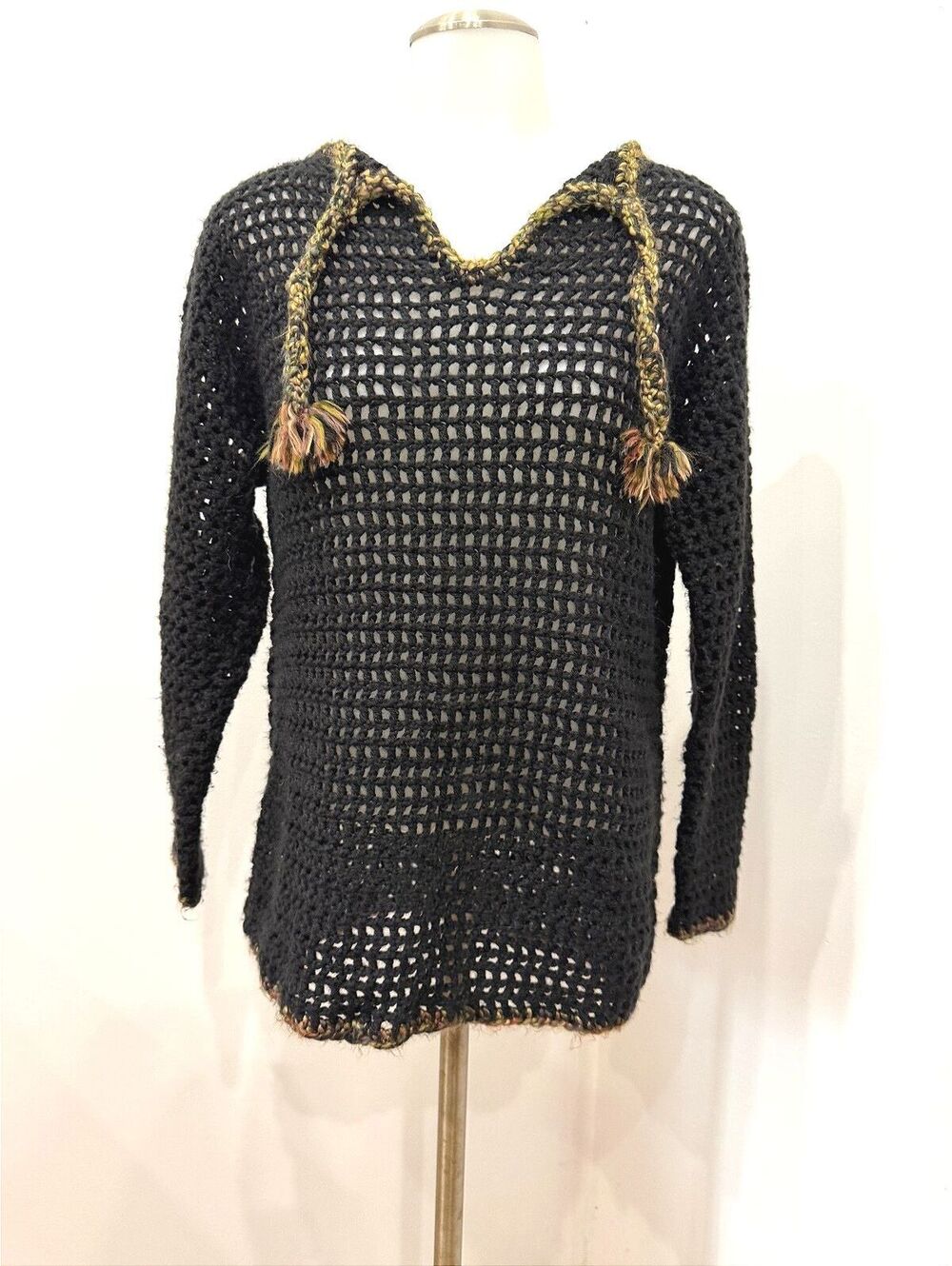 Handmade Black Crochet Pullover Sweater with Hood and Tassels